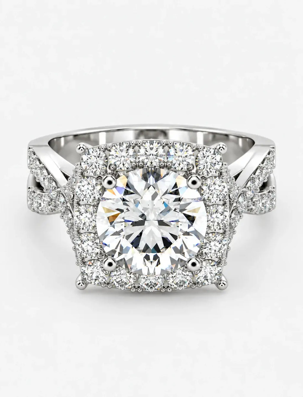 IGI Certified Lab Grown Round Diamond French Pavé Halo Infinity Split-Twist Engagement Ring in Gold & Platinum