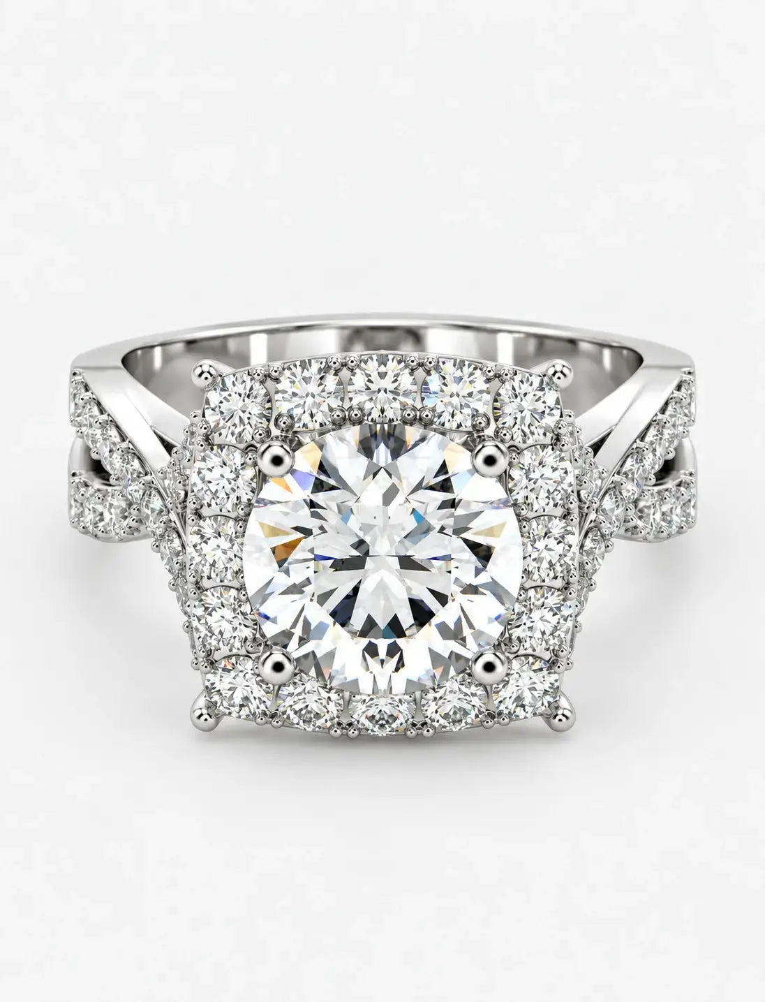 IGI Certified Lab Grown Round Diamond French Pavé Halo Infinity Split-Twist Engagement Ring in Gold & Platinum