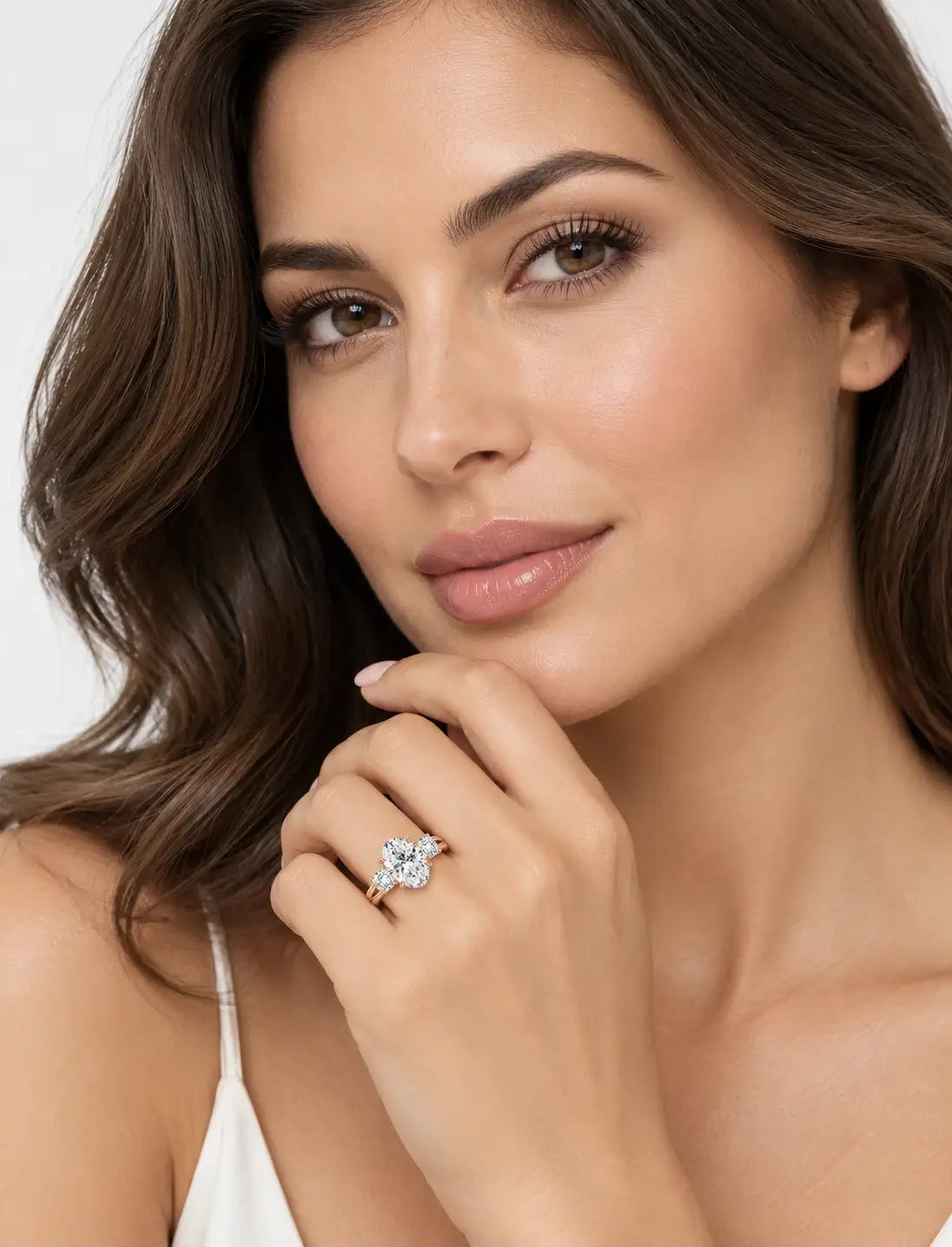 IGI Certified Lab Grown Oval Cut Diamond with Round Side Diamonds Three-Stone Engagement Ring in Gold & Platinum