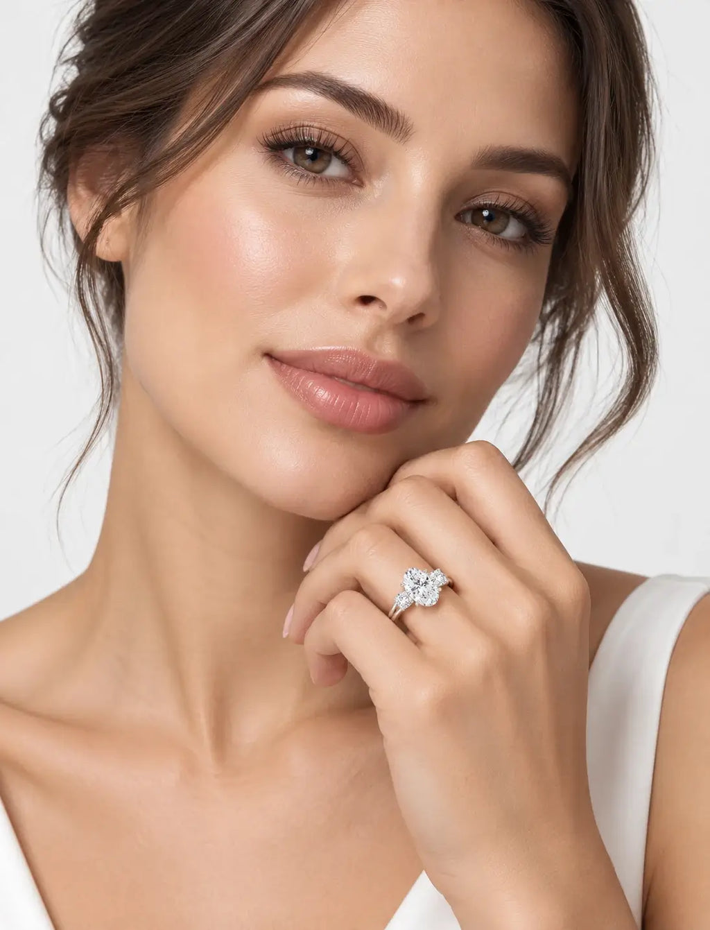 IGI Certified Lab Grown Oval Cut Diamond with Round Side Diamonds Three-Stone Engagement Ring in Gold & Platinum