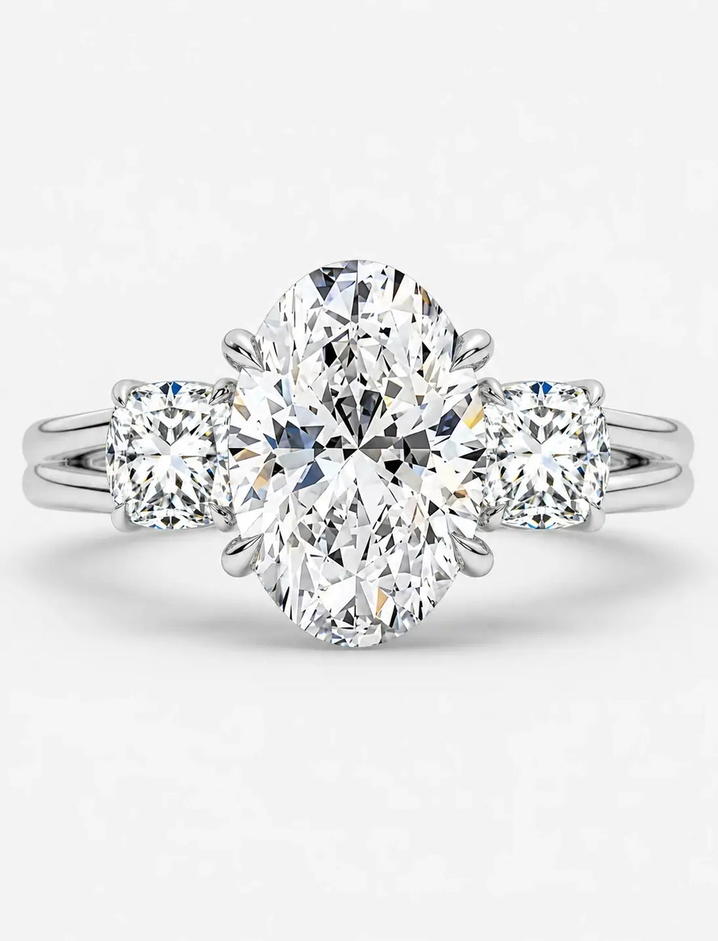 IGI Certified Lab Grown Oval Cut Diamond with Round Side Diamonds Three-Stone Engagement Ring in Gold & Platinum