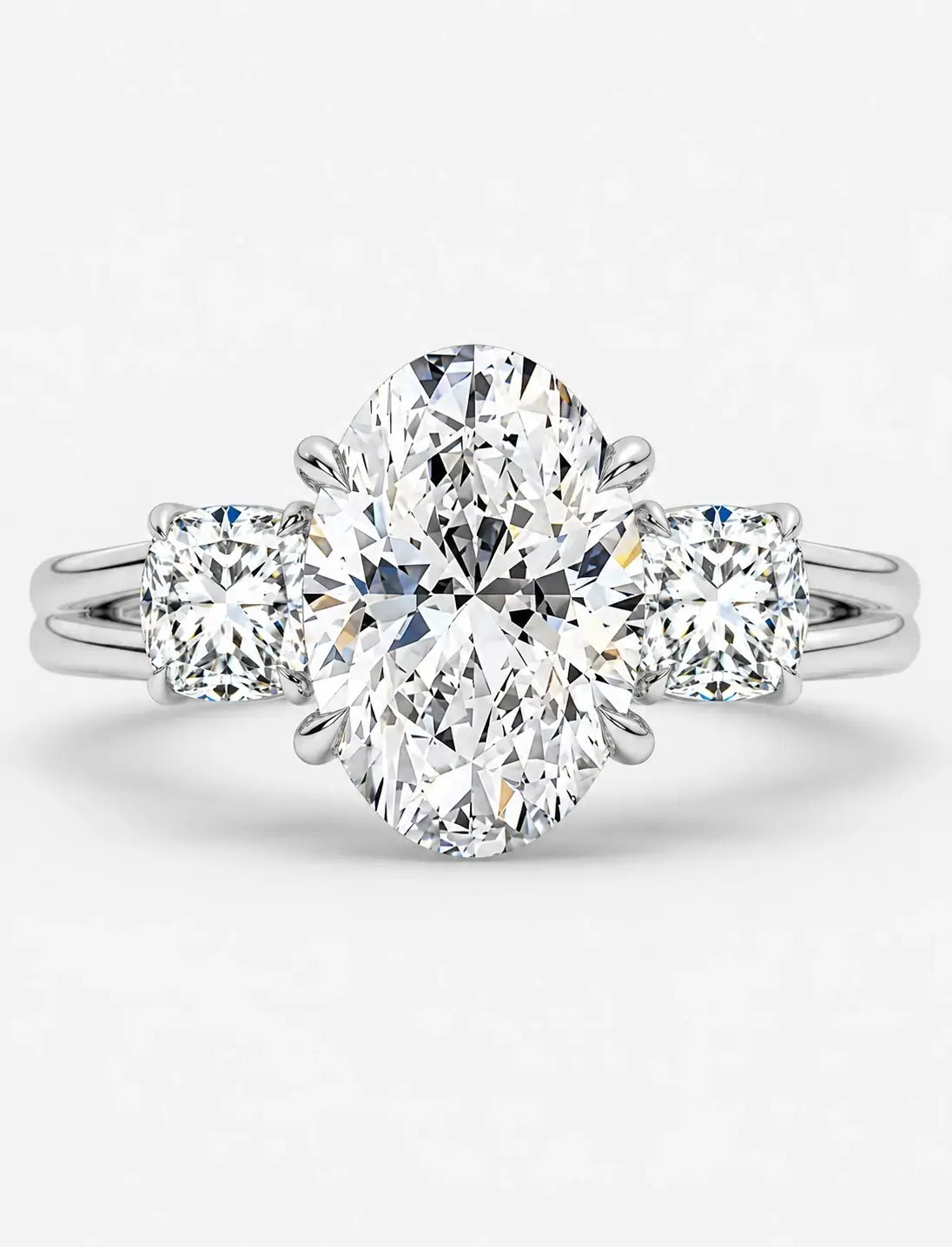 IGI Certified Lab Grown Oval Cut Diamond with Round Side Diamonds Three-Stone Engagement Ring in Gold & Platinum