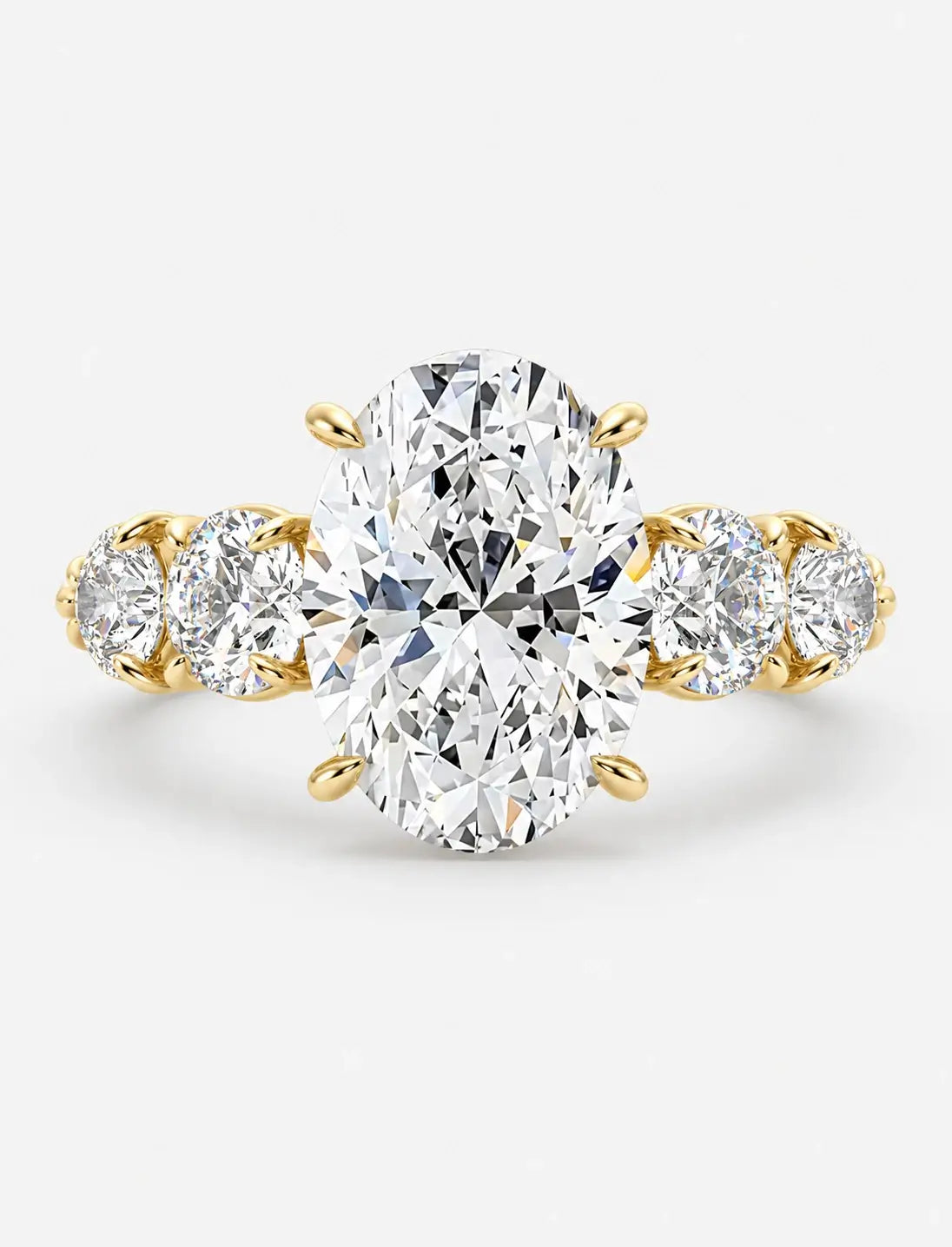IGI Certified Lab Grown Oval Brilliant Diamond Solitaire Ring with Graduated Round Diamond Accents in Gold & Platinum