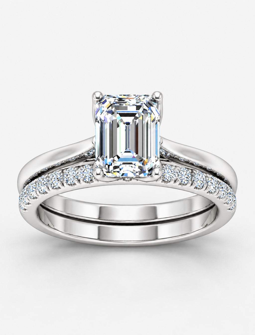 IGI Certified Lab Grown Emerald-Cut Solitaire Engagement Ring with Matching Pavé Wedding Band Set in Gold & Platinum – 1–4Ct