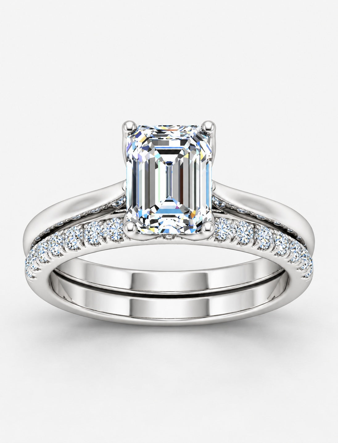 IGI Certified Lab Grown Emerald-Cut Solitaire Engagement Ring with Matching Pavé Wedding Band Set in Gold & Platinum – 1–4Ct