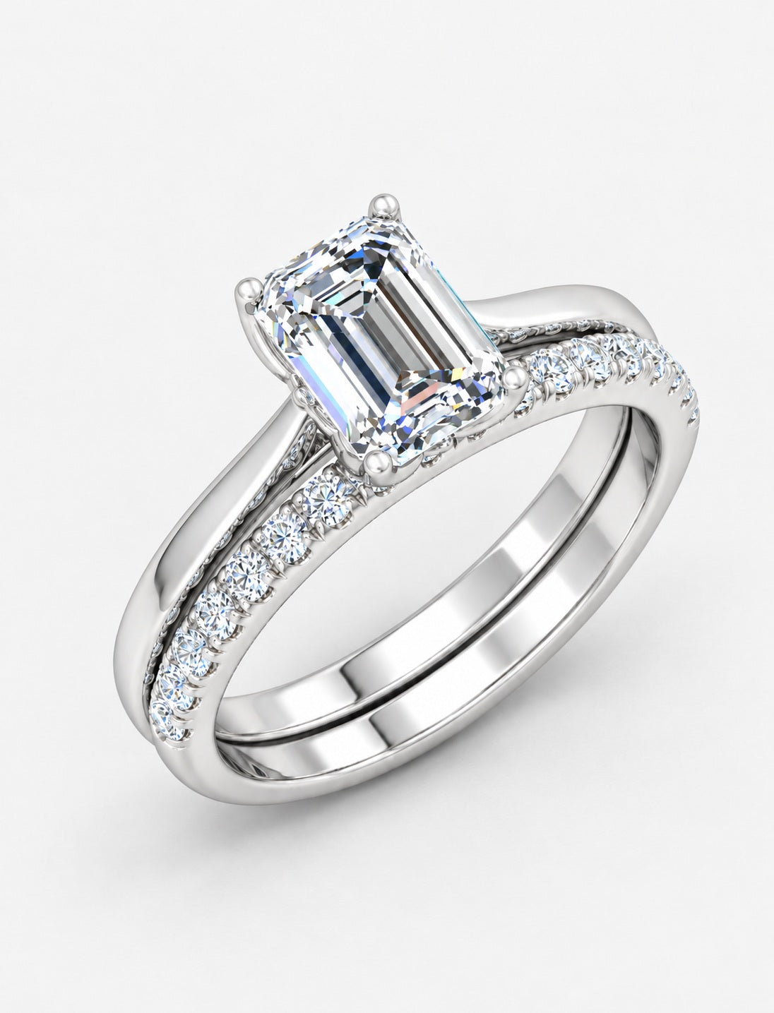 IGI Certified Lab Grown Emerald-Cut Solitaire Engagement Ring with Matching Pavé Wedding Band Set in Gold & Platinum – 1–4Ct