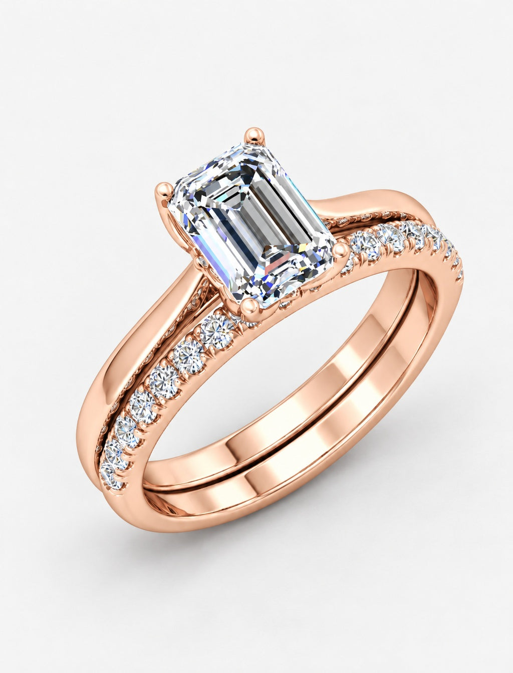 IGI Certified Lab Grown Emerald-Cut Solitaire Engagement Ring with Matching Pavé Wedding Band Set in Gold & Platinum – 1–4Ct
