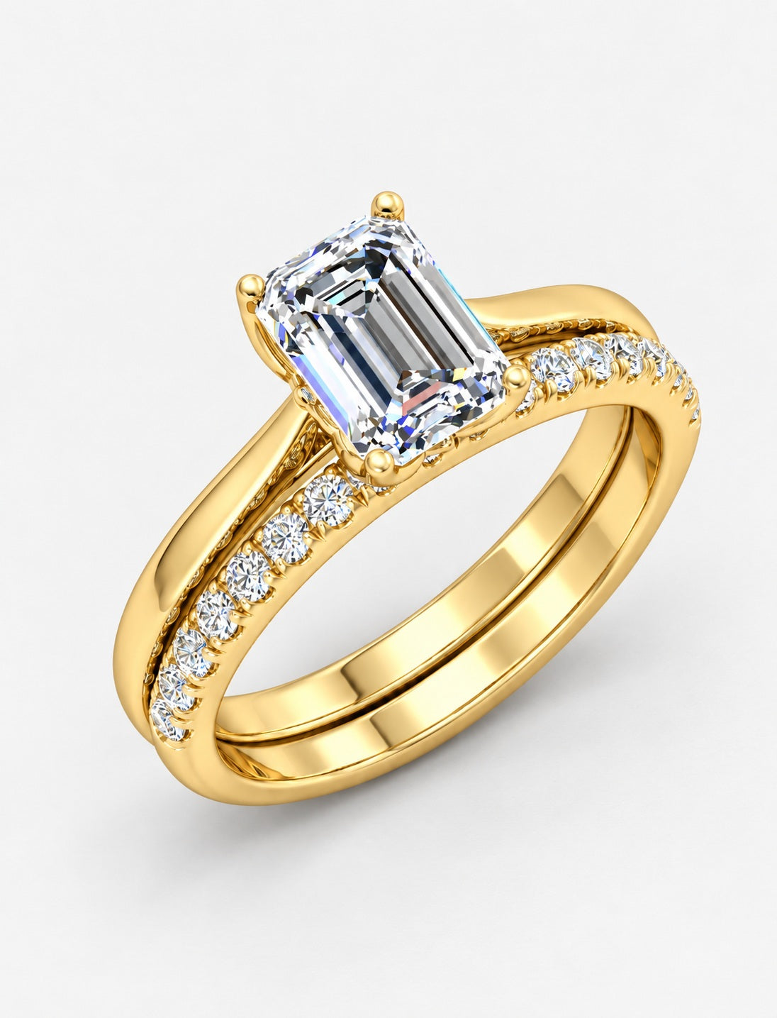 IGI Certified Lab Grown Emerald-Cut Solitaire Engagement Ring with Matching Pavé Wedding Band Set in Gold & Platinum – 1–4Ct