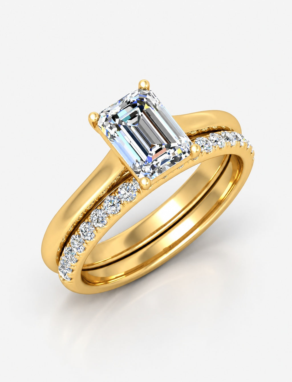 IGI Certified Lab Grown Emerald-Cut Engagement Ring with Stacked Pavé Wedding Bands in Gold & Platinum – 1–4Ct