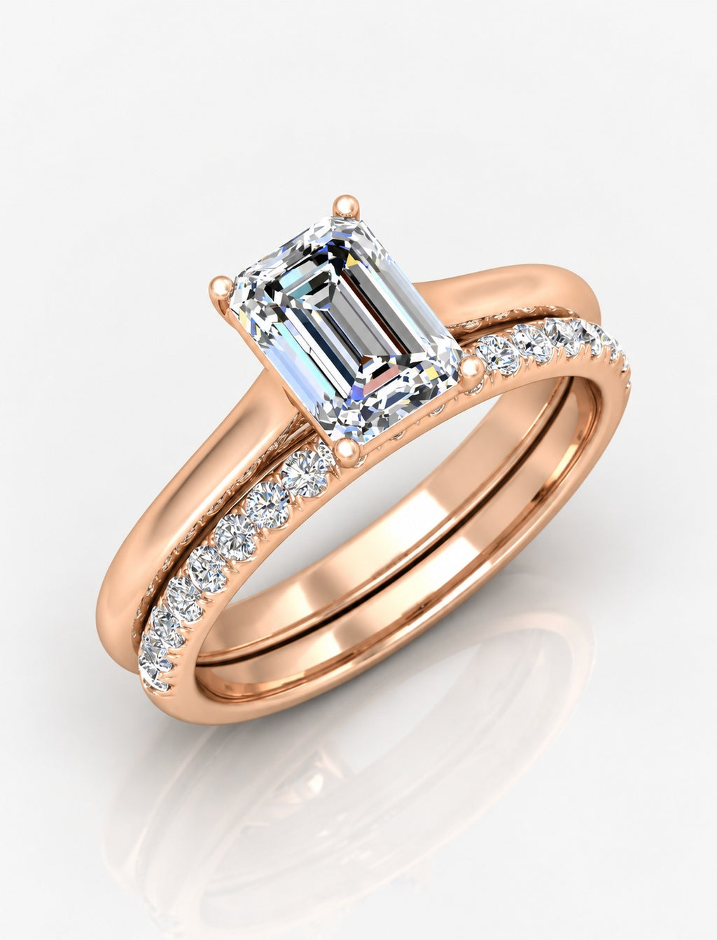 IGI Certified Lab Grown Emerald-Cut Engagement Ring with Stacked Pavé Wedding Bands in Gold & Platinum – 1–4Ct