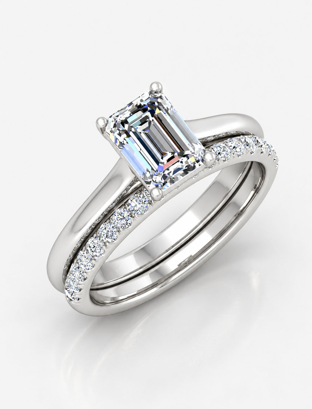 IGI Certified Lab Grown Emerald-Cut Engagement Ring with Stacked Pavé Wedding Bands in Gold & Platinum – 1–4Ct