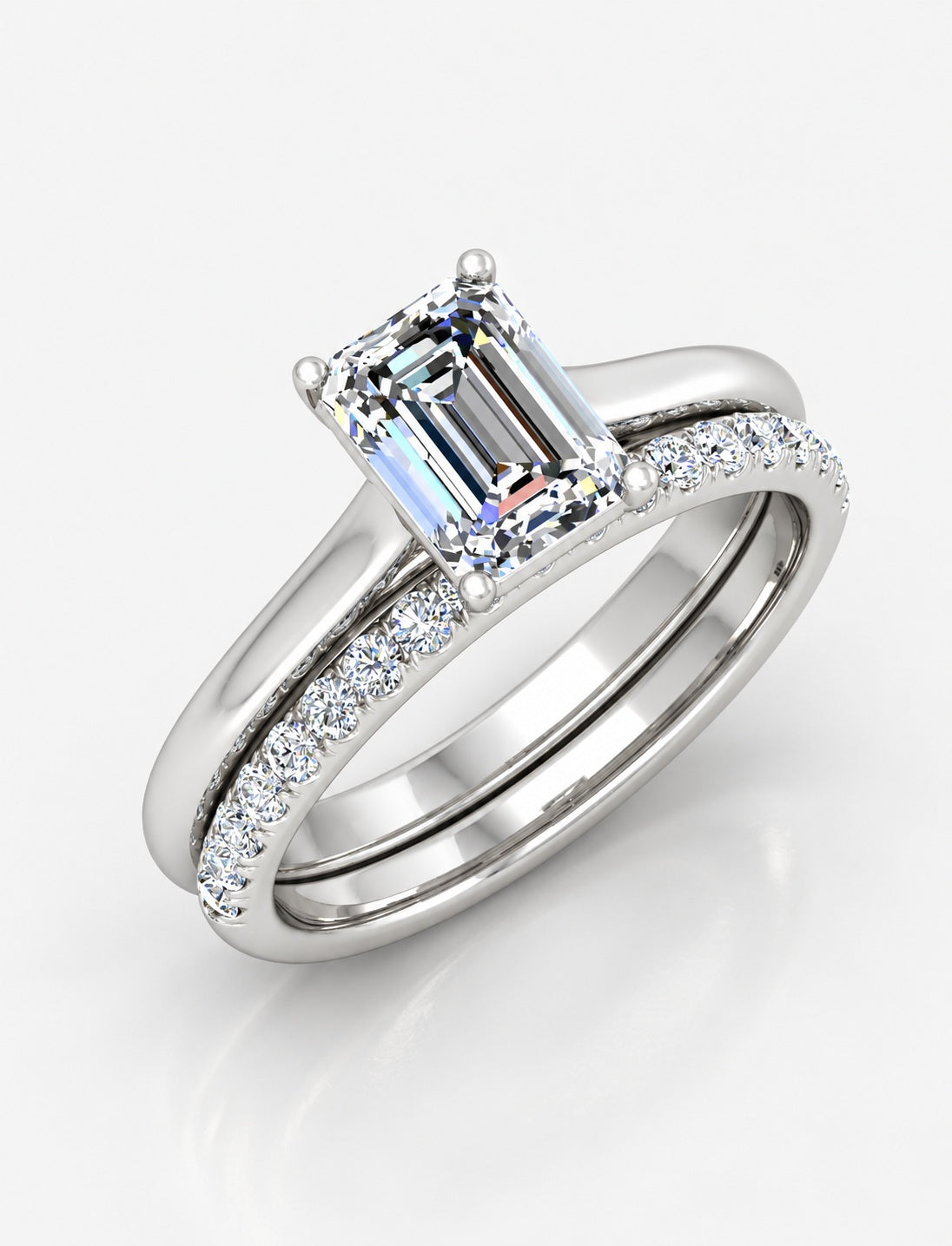 IGI Certified Lab Grown Emerald-Cut Engagement Ring with Stacked Pavé Wedding Bands in Gold & Platinum – 1–4Ct