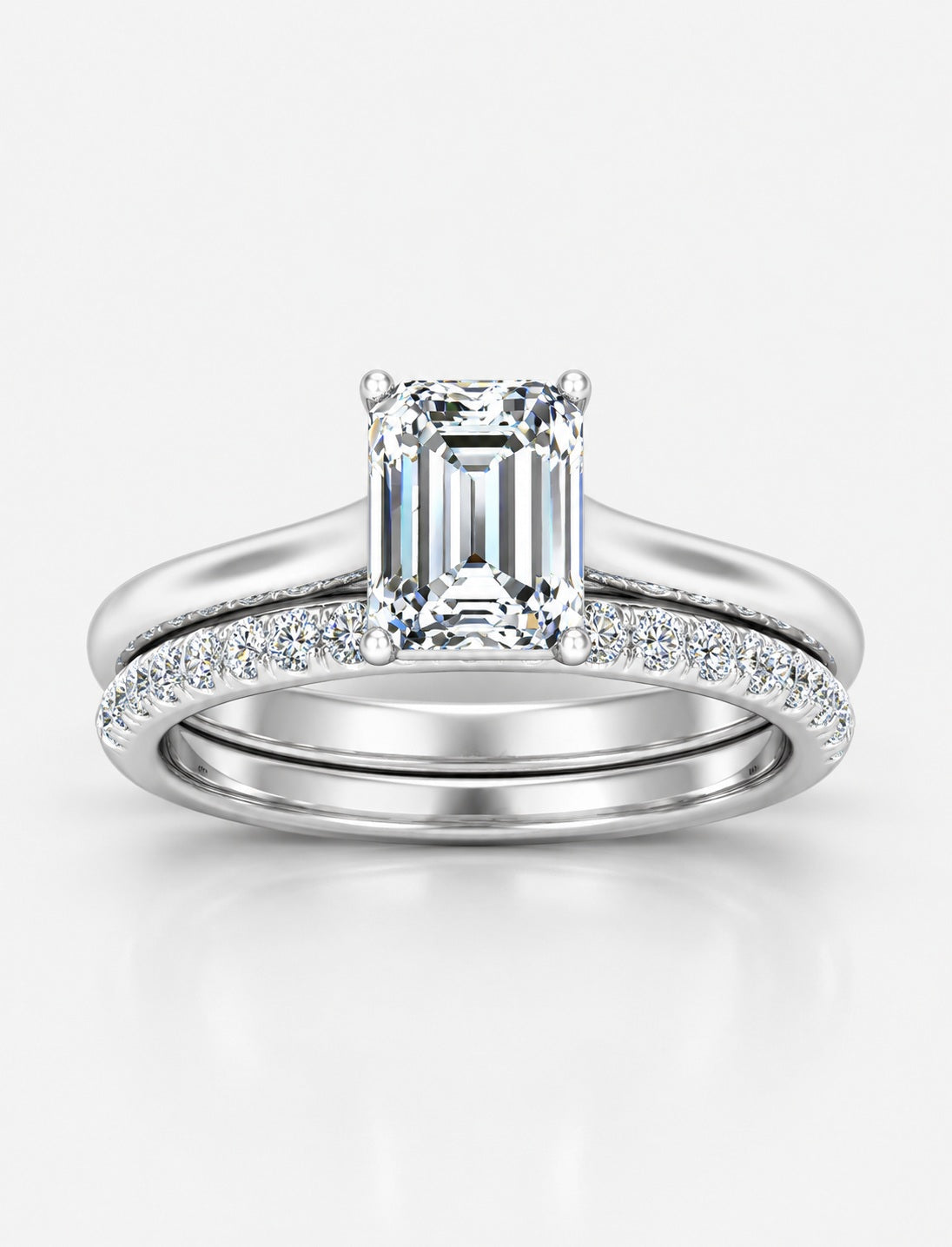 IGI Certified Lab Grown Emerald-Cut Engagement Ring with Stacked Pavé Wedding Bands in Gold & Platinum – 1–4Ct