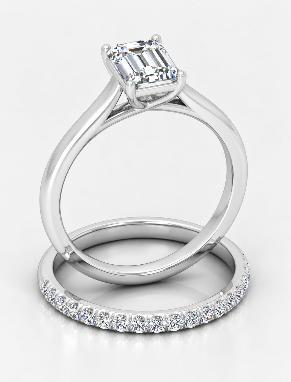 IGI Certified Lab Grown Emerald-Cut Engagement Ring with Stacked Pavé Wedding Bands in Gold & Platinum – 1–4Ct