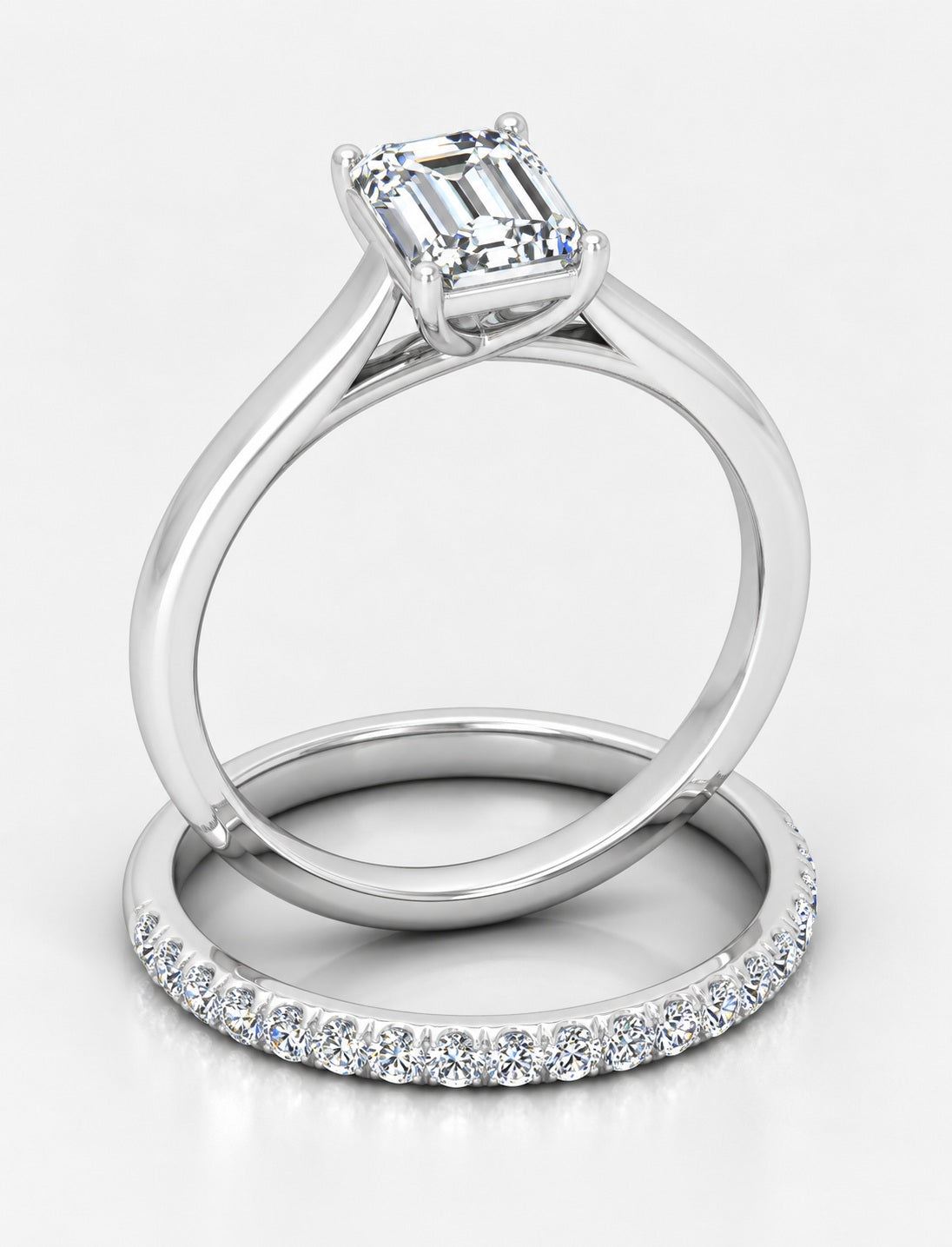 IGI Certified Lab Grown Emerald-Cut Engagement Ring with Stacked Pavé Wedding Bands in Gold & Platinum – 1–4Ct