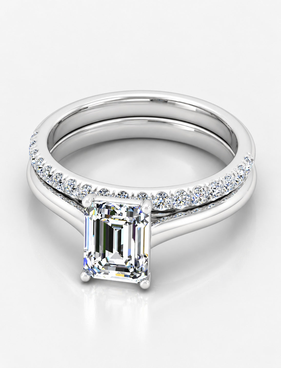 IGI Certified Lab Grown Emerald-Cut Engagement Ring with Stacked Pavé Wedding Bands in Gold & Platinum – 1–4Ct