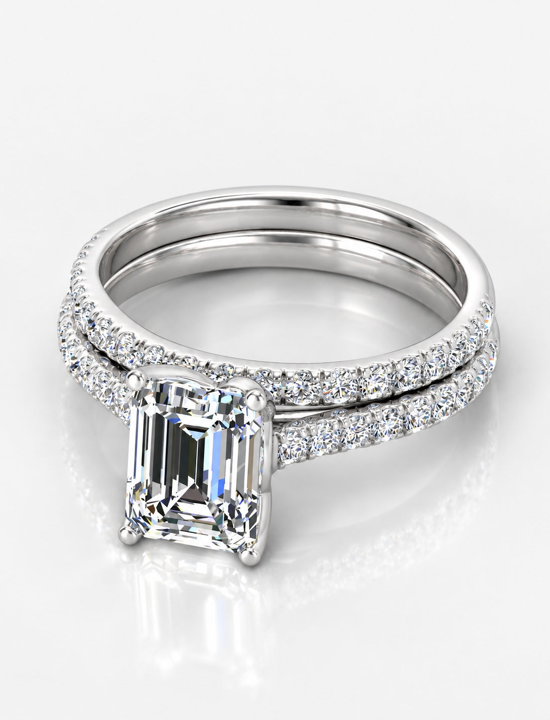 Secret Garden IGI Certified Lab Grown Emerald-Cut Engagement Ring with Stacked Pavé Wedding Bands in Gold & Platinum – 1–4Ct