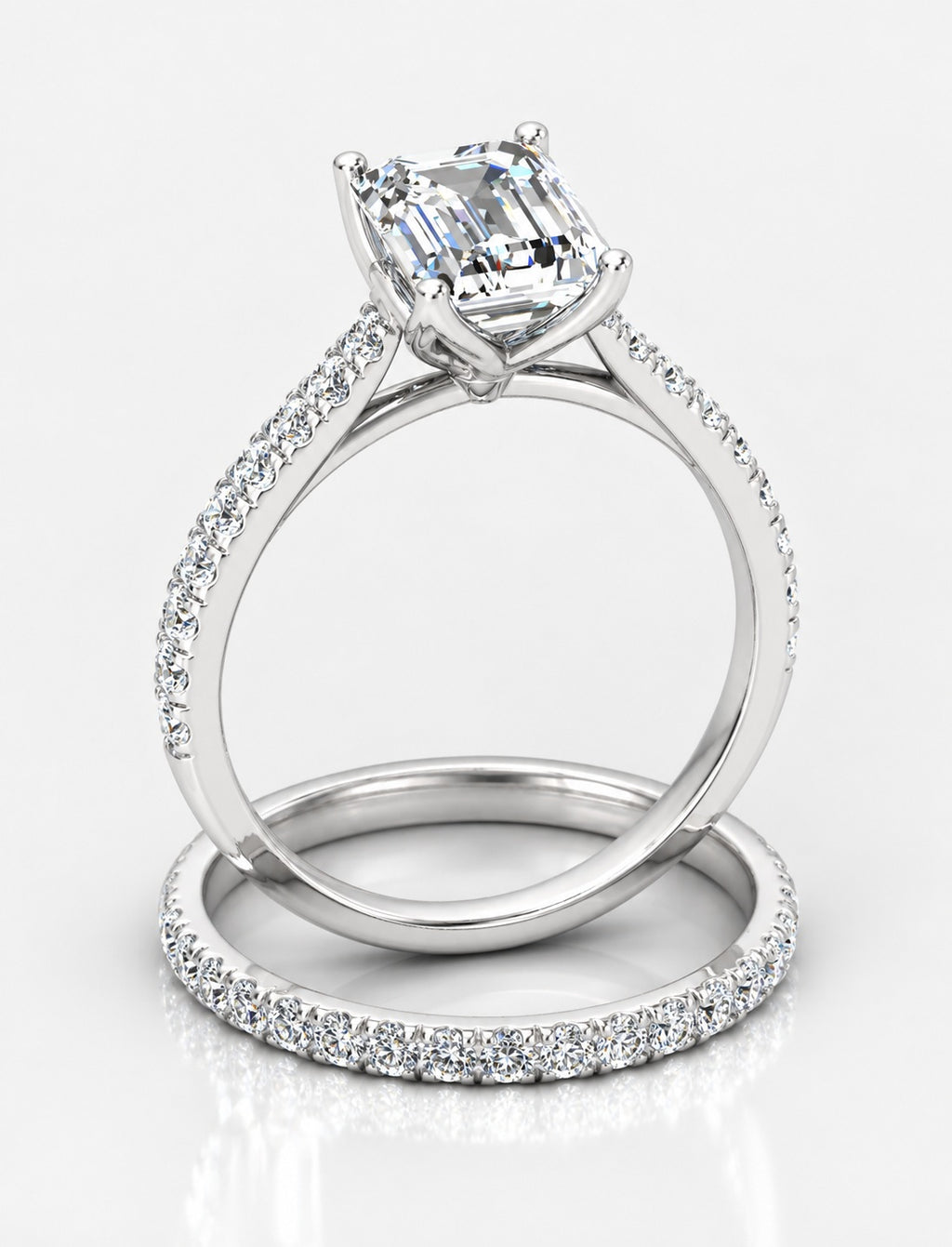 Secret Garden IGI Certified Lab Grown Emerald-Cut Engagement Ring with Stacked Pavé Wedding Bands in Gold & Platinum – 1–4Ct