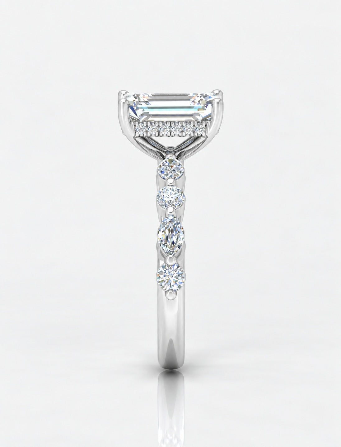 The Versailles IGI Certified Lab Grown Emerald-Cut Diamond Hidden Halo Engagement Ring in Gold & Platinum