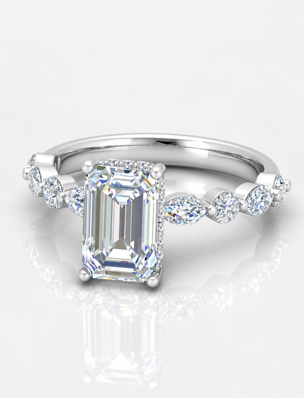The Versailles IGI Certified Lab Grown Emerald-Cut Diamond Hidden Halo Engagement Ring in Gold & Platinum