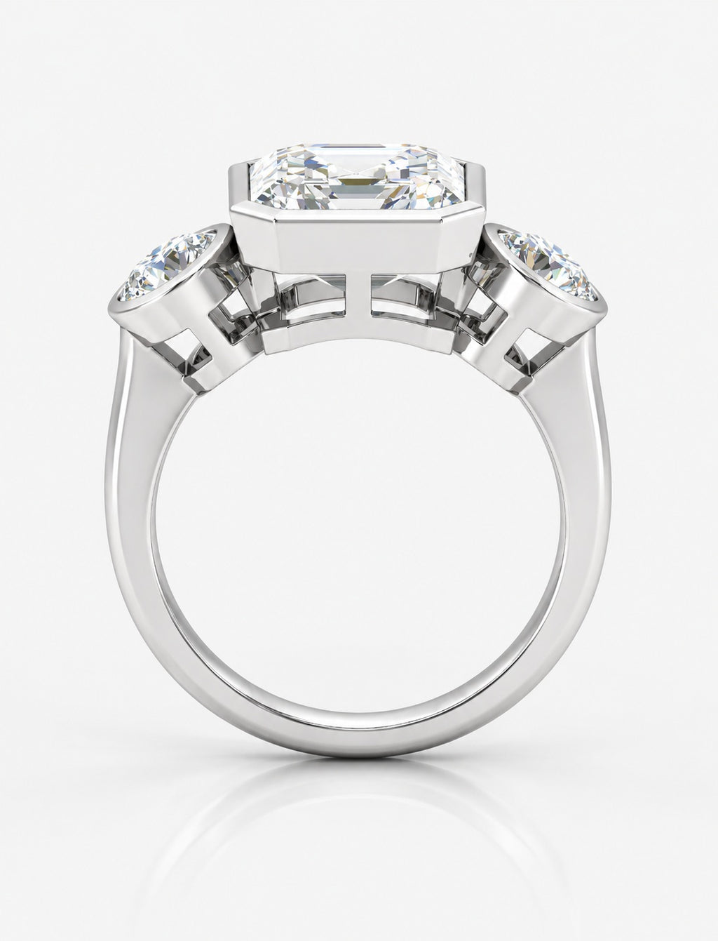 IGI Certified Lab Grown Asscher Cut Three-Stone Bezel Set Engagement Ring in Gold & Platinum – 1–4Ct