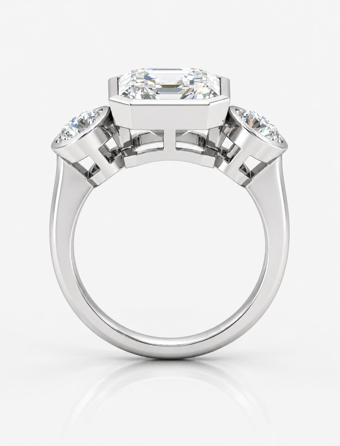 IGI Certified Lab Grown Asscher Cut Three-Stone Bezel Set Engagement Ring in Gold & Platinum – 1–4Ct