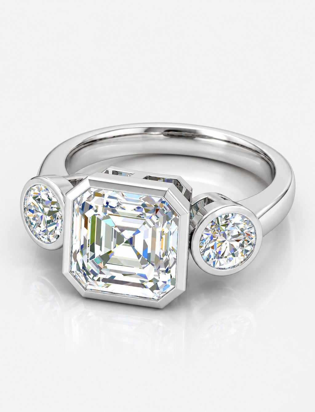 IGI Certified Lab Grown Asscher Cut Three-Stone Bezel Set Engagement Ring in Gold & Platinum – 1–4Ct