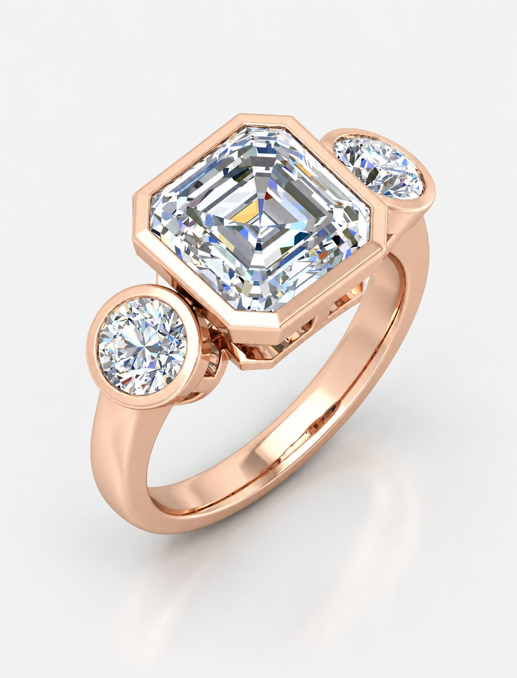 IGI Certified Lab Grown Asscher Cut Three-Stone Bezel Set Engagement Ring in Gold & Platinum – 1–4Ct