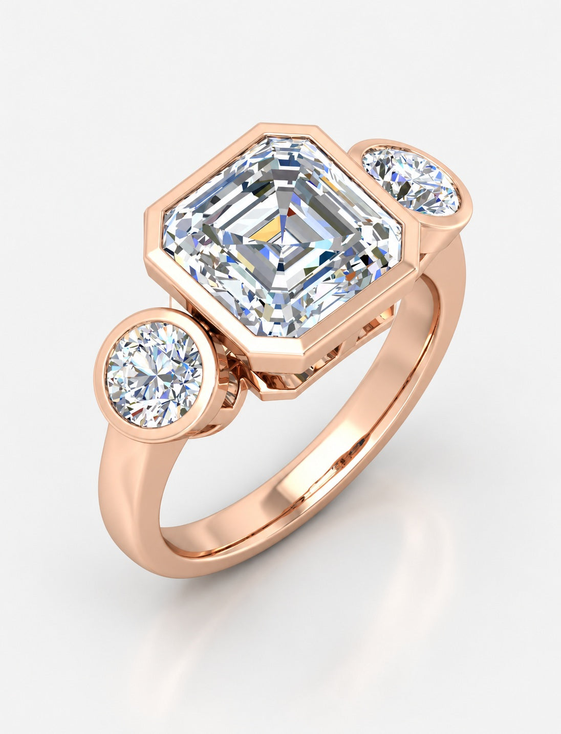 IGI Certified Lab Grown Asscher Cut Three-Stone Bezel Set Engagement Ring in Gold & Platinum – 1–4Ct