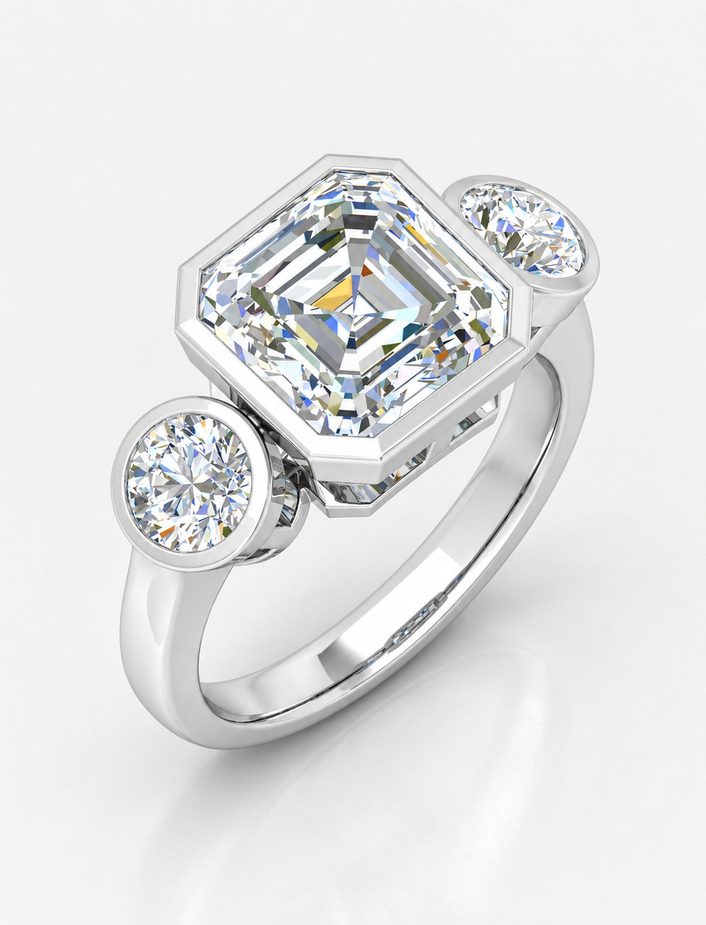 IGI Certified Lab Grown Asscher Cut Three-Stone Bezel Set Engagement Ring in Gold & Platinum – 1–4Ct