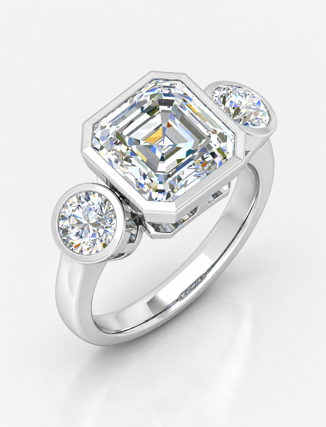 IGI Certified Lab Grown Asscher Cut Three-Stone Bezel Set Engagement Ring in Gold & Platinum – 1–4Ct