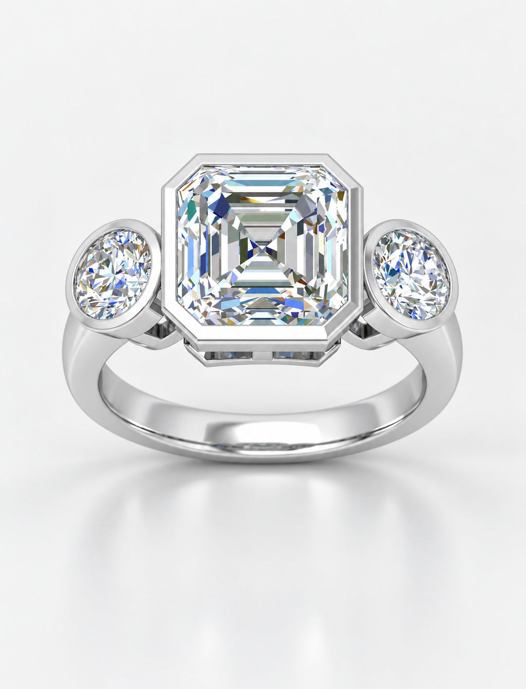 IGI Certified Lab Grown Asscher Cut Three-Stone Bezel Set Engagement Ring in Gold & Platinum – 1–4Ct