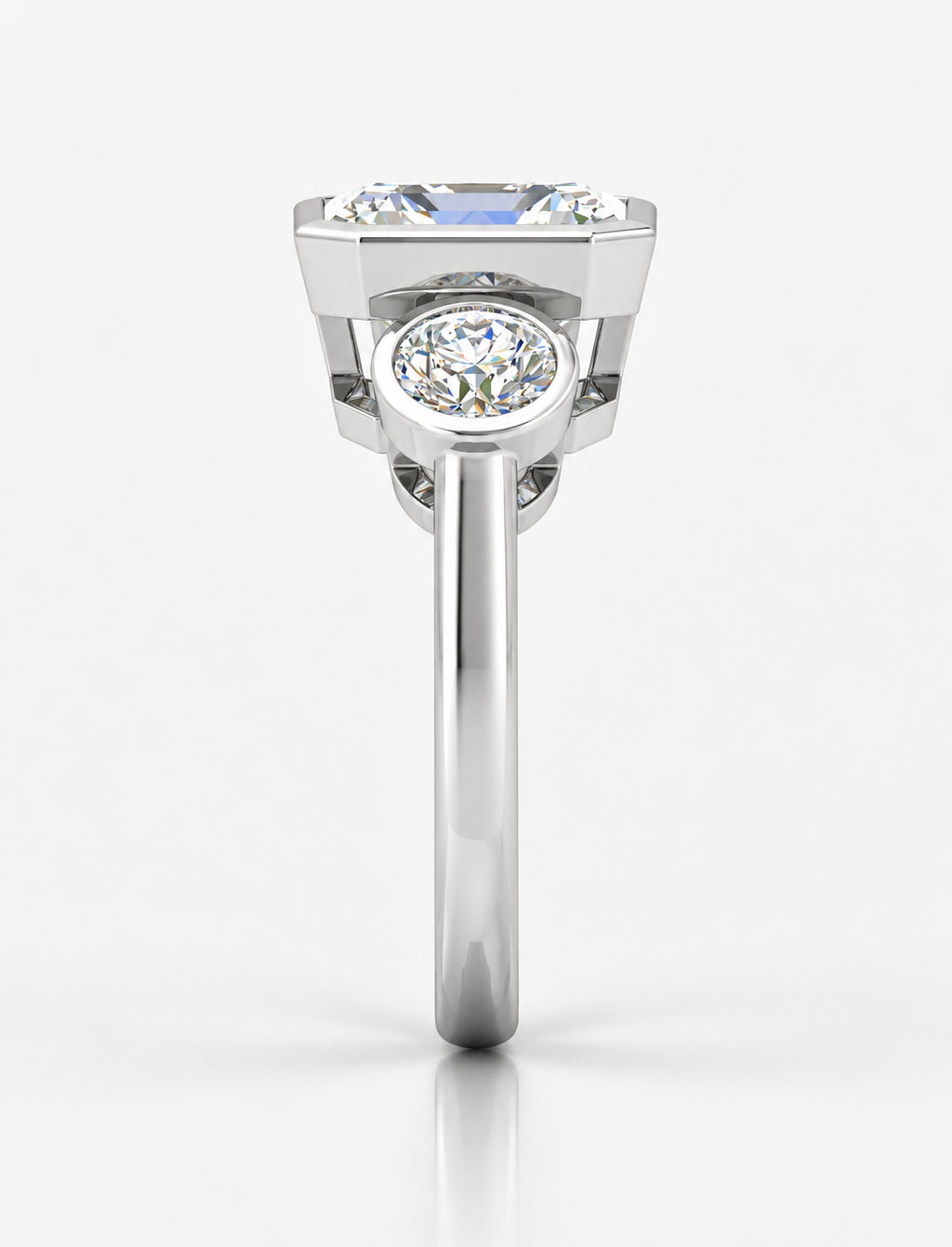 IGI Certified Lab Grown Asscher Cut Three-Stone Bezel Set Engagement Ring in Gold & Platinum – 1–4Ct