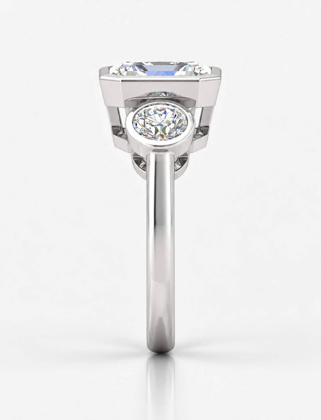 IGI Certified Lab Grown Asscher Cut Three-Stone Bezel Set Engagement Ring in Gold & Platinum – 1–4Ct