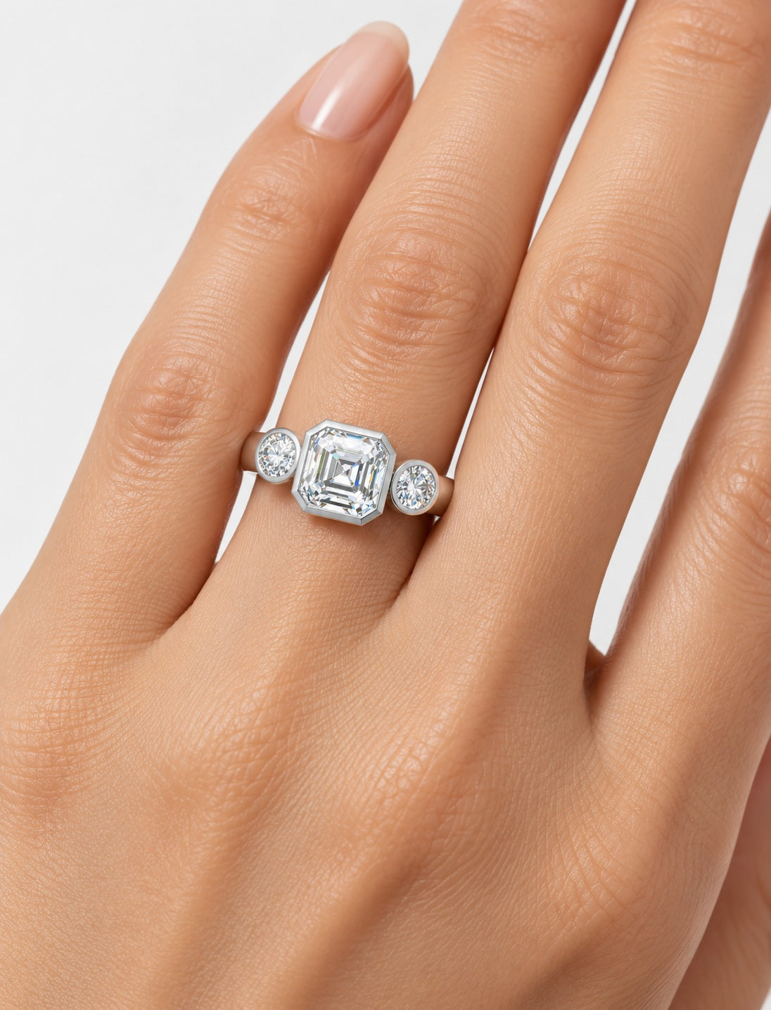 IGI Certified Lab Grown Asscher Cut Three-Stone Bezel Set Engagement Ring in Gold & Platinum – 1–4Ct