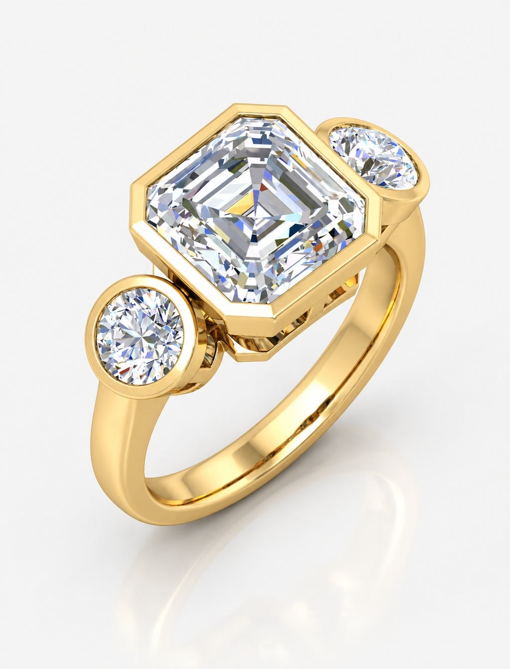 IGI Certified Lab Grown Asscher Cut Three-Stone Bezel Set Engagement Ring in Gold & Platinum – 1–4Ct