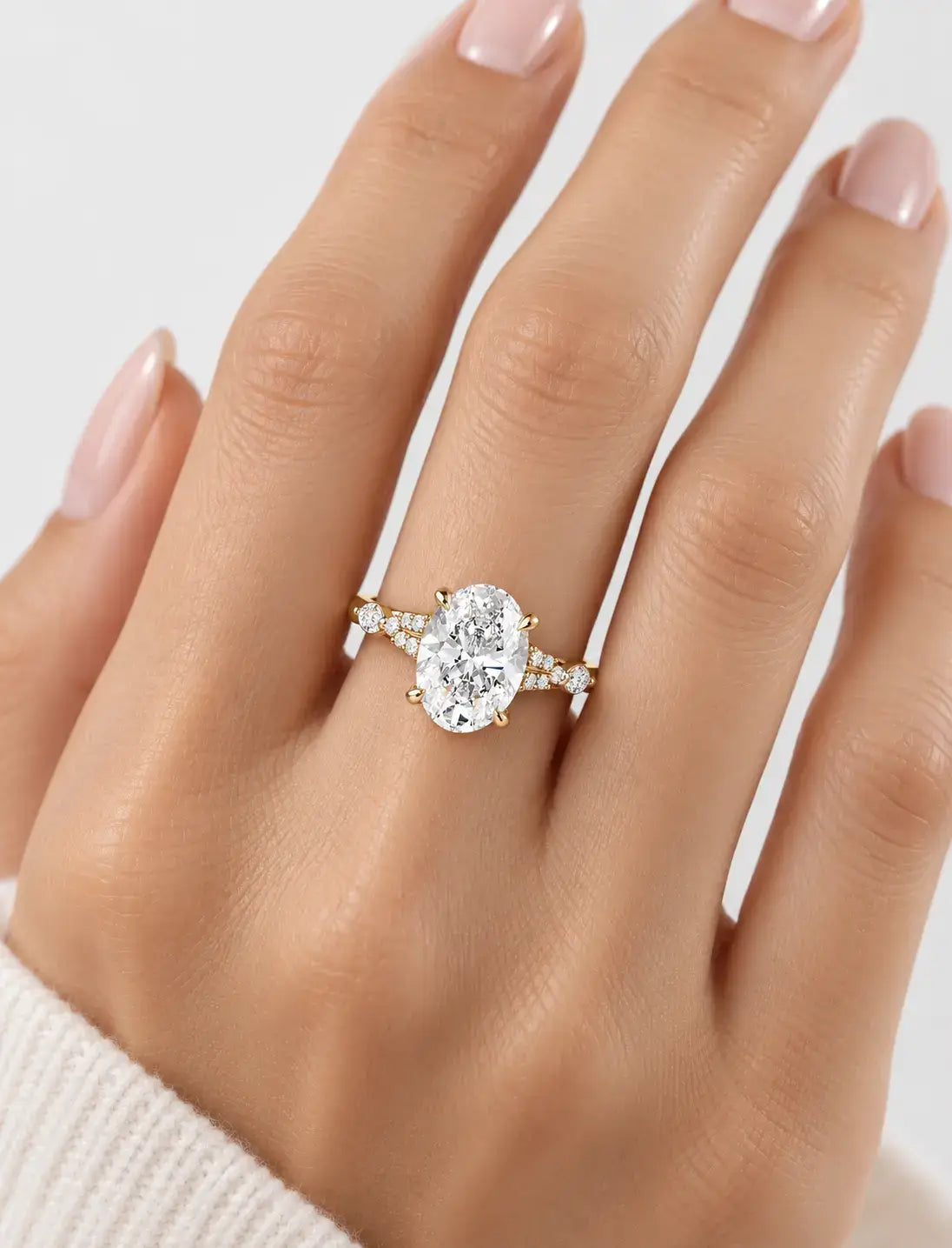IGI Certified Lab Grown Oval Brilliant Diamond Engagement Ring with Alternating Marquise & Round Band in Gold & Platinum