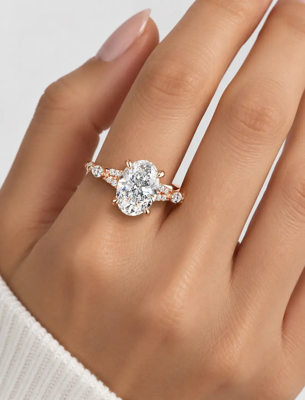 IGI Certified Lab Grown Oval Brilliant Diamond Engagement Ring with Alternating Marquise & Round Band in Gold & Platinum