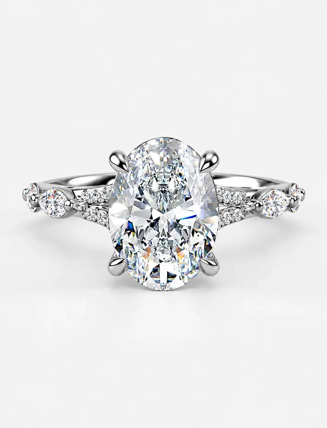 IGI Certified Lab Grown Oval Brilliant Diamond Engagement Ring with Alternating Marquise & Round Band in Gold & Platinum
