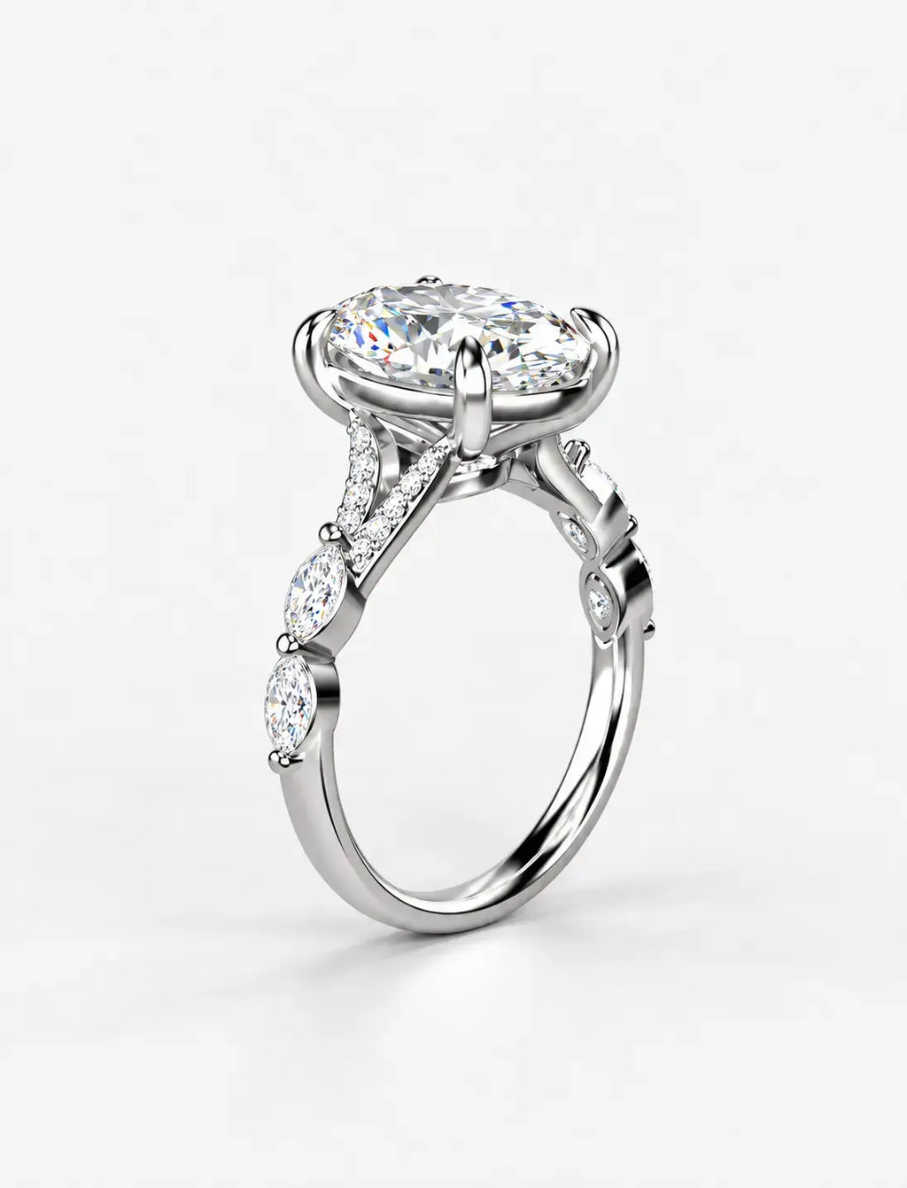 IGI Certified Lab Grown Oval Brilliant Diamond Engagement Ring with Alternating Marquise & Round Band in Gold & Platinum