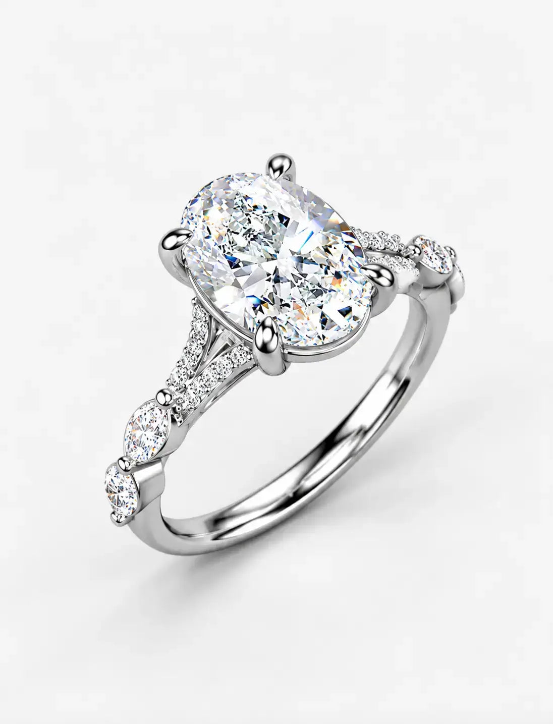 IGI Certified Lab Grown Oval Brilliant Diamond Engagement Ring with Alternating Marquise & Round Band in Gold & Platinum