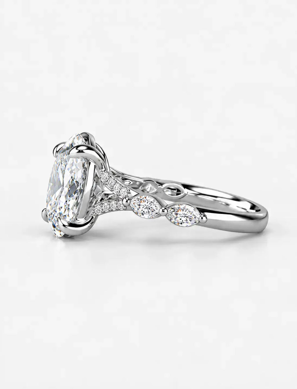 IGI Certified Lab Grown Oval Brilliant Diamond Engagement Ring with Alternating Marquise & Round Band in Gold & Platinum
