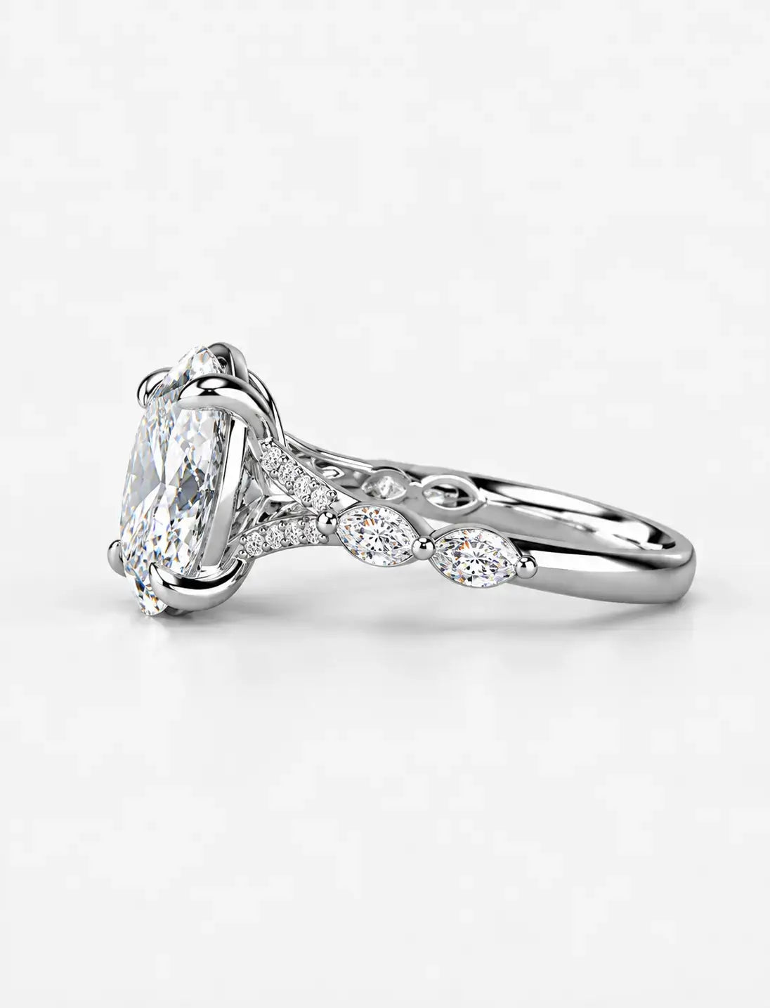 IGI Certified Lab Grown Oval Brilliant Diamond Engagement Ring with Alternating Marquise & Round Band in Gold & Platinum