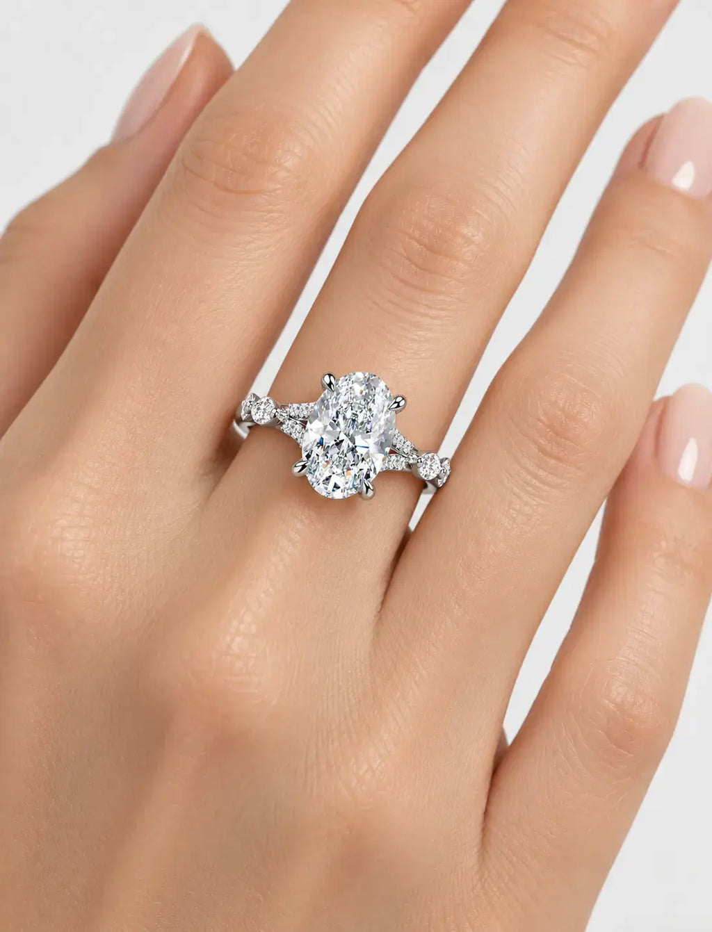 IGI Certified Lab Grown Oval Brilliant Diamond Engagement Ring with Alternating Marquise & Round Band in Gold & Platinum