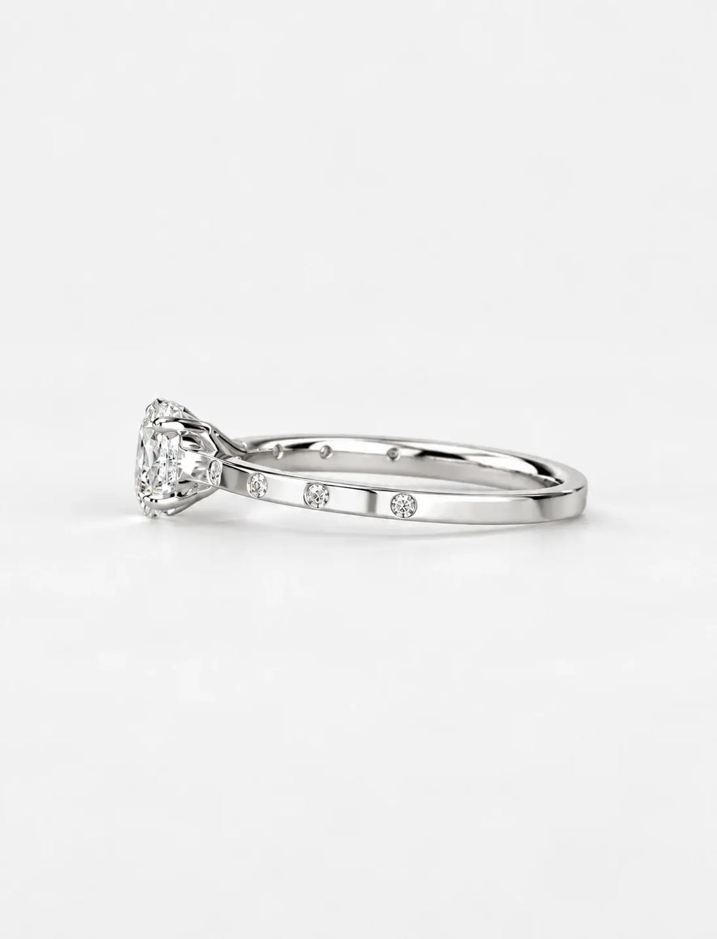 IGI Certified Lab Grown Oval Diamond Engagement Ring with Flush-Set Diamond Band in Gold & Platinum