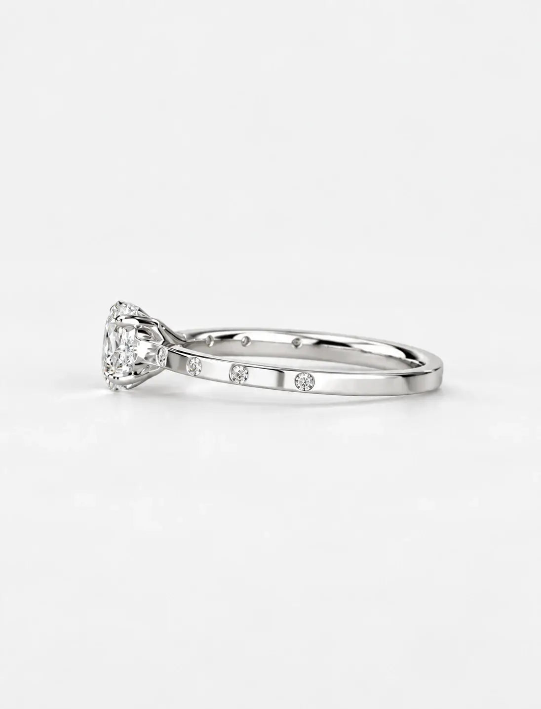 IGI Certified Lab Grown Oval Diamond Engagement Ring with Flush-Set Diamond Band in Gold & Platinum