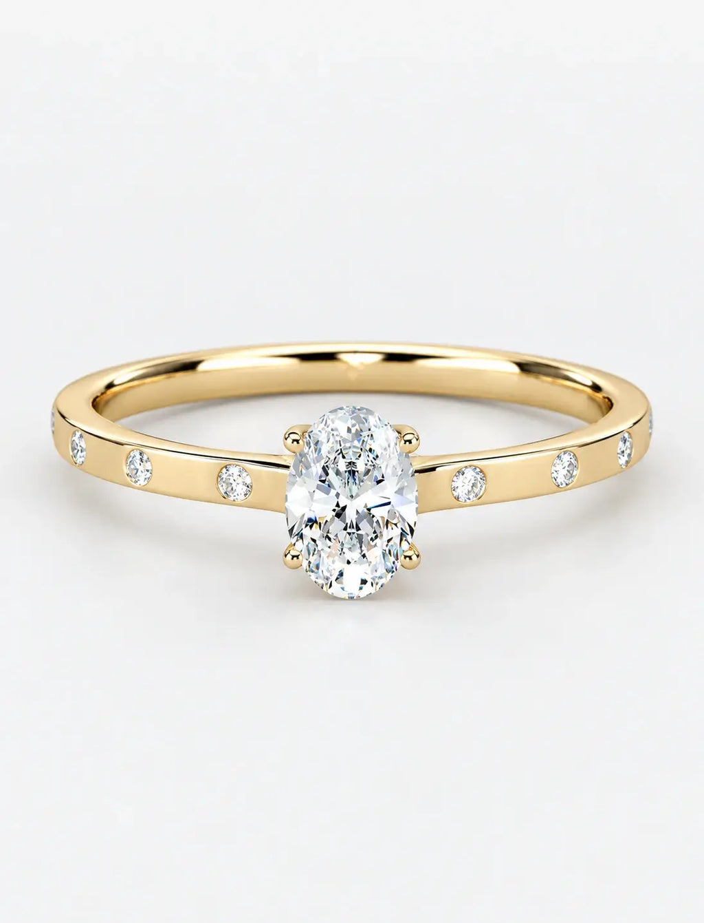 IGI Certified Lab Grown Oval Diamond Engagement Ring with Flush-Set Diamond Band in Gold & Platinum