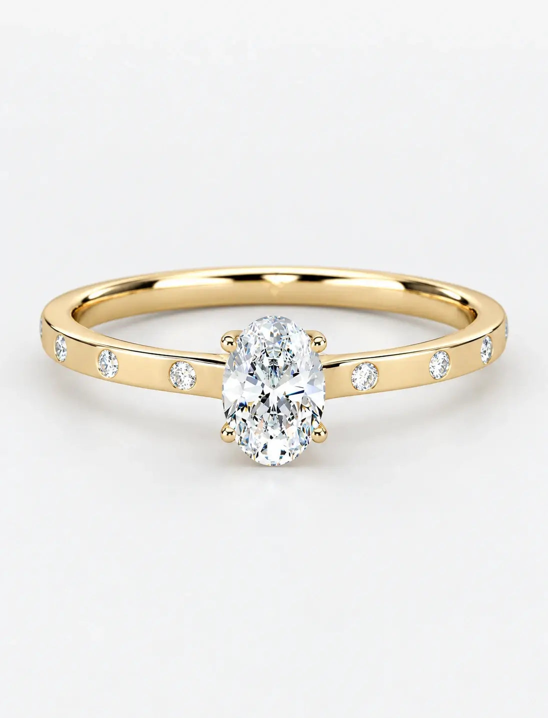 IGI Certified Lab Grown Oval Diamond Engagement Ring with Flush-Set Diamond Band in Gold & Platinum