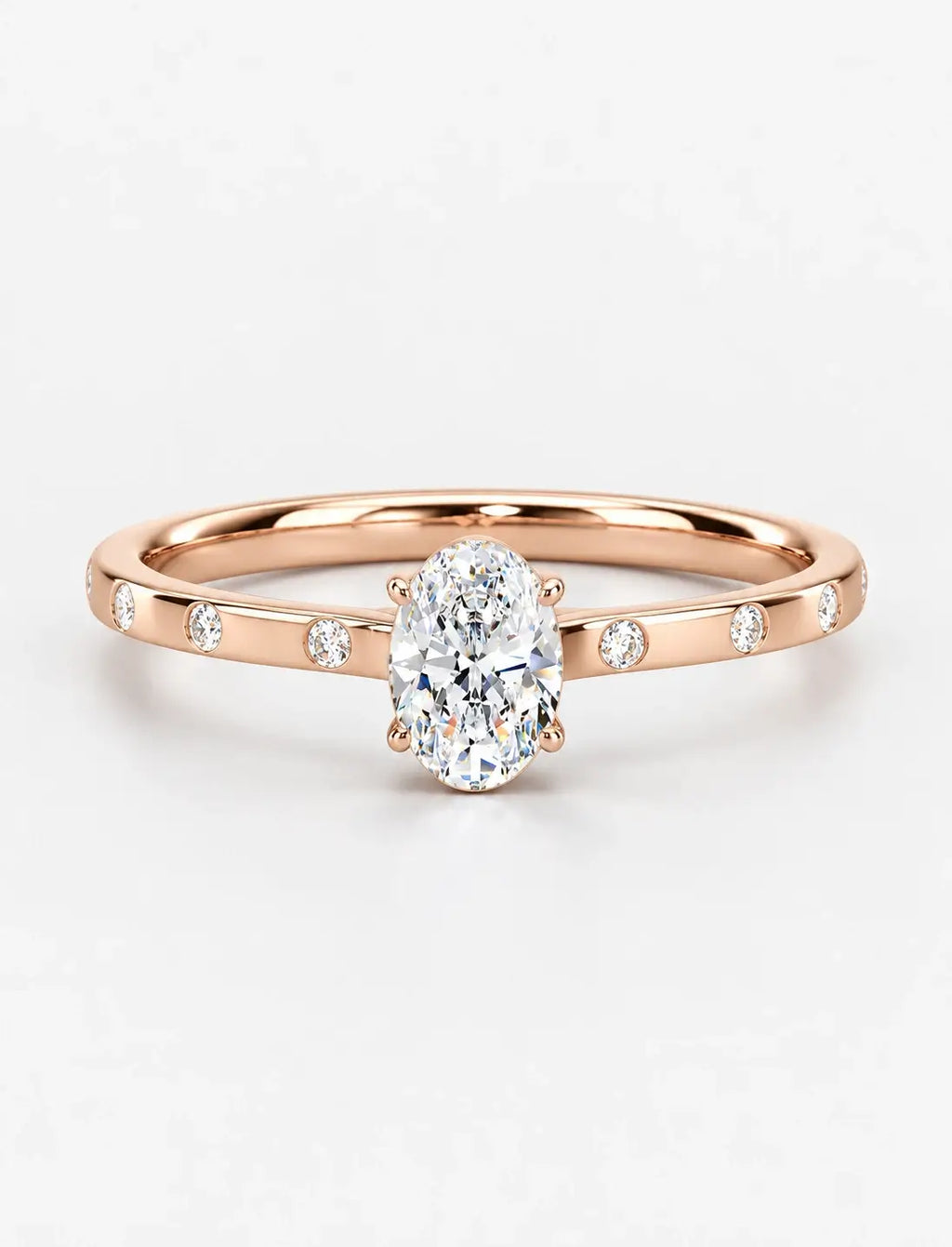 IGI Certified Lab Grown Oval Diamond Engagement Ring with Flush-Set Diamond Band in Gold & Platinum