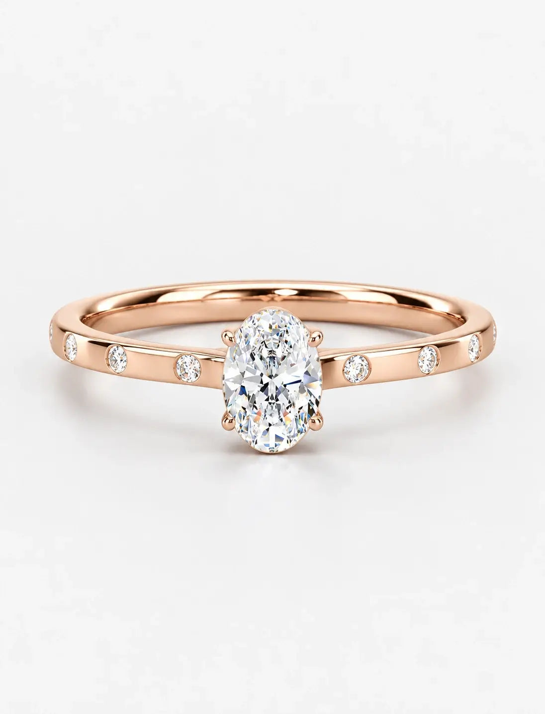 IGI Certified Lab Grown Oval Diamond Engagement Ring with Flush-Set Diamond Band in Gold & Platinum